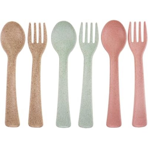 Toddler Forks and Spoons Utensils Set Baby Silverware Kids Forks and Spoons Set 6 Piece Natural Wheat Straw Material Self Feeding Training Cutlery for Baby Eating 12-48 Months Infant Dishwasher Safe