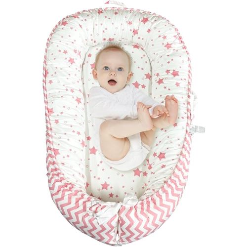 Baby Nests Baby Lounger For Newborn, Snuggle Sleeping Baby Bassinet for 0-24M, Breathable Portable Co Sleeping Bed, Baby Essentials Adjustable Infant Soft Cotton Loungers for Home & Travel -Pink Star