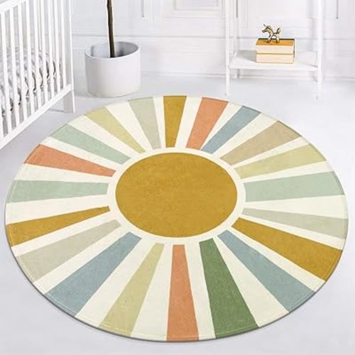 STARUIA Boho Washable Rug 5 Ft Round Area Rug for Bedroom, Rainbow Circle Kids Rug for Office, Non-Slip Circluar Carpet Soft Sunshine for Dorm Nursery Sofa Living Room Corner