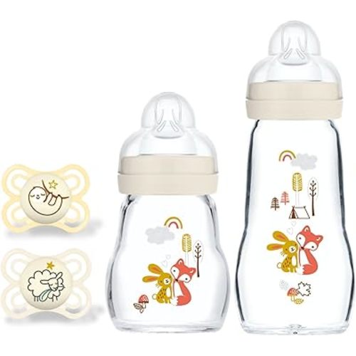 MAM Feel Good Glass Baby Bottle and Pacifier Bundle, Unisex, Slow Flow and Medium Flow, Premium 5oz and 9oz Glass, Easy Switch Between Breast to Bottle, MAM Perfect Night Pacifier 0+ Months, Glows in