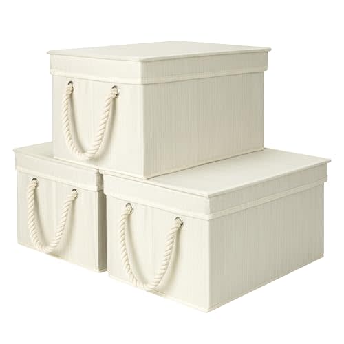 StorageWorks Storage Bins with Lid and Soft Rope Handles, Foldable Storage Basket, Mixing of Beige, White & Ivory, 3-Pack, Large,15.25x10.75x8.5 inches (LxWxH)