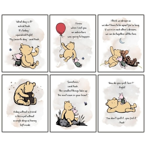 Winnie Wall Art, the Pooh Classic Poster, Baby Nursery Decor, Kids Wall Art, Boys Girls Bedroom Decor, A. A. Milne Quote Art Print, Unframed Set of 6 (8"x10")
