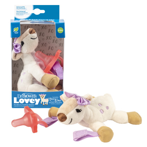 Dr. Brown's Baby Lovey Pacifier Holder & Teether Clip, Deer with Pink HappyPaci, 0-12m