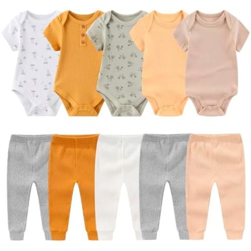 MAMIMAKA Newborn Baby Boy Girl Bodysuit Cotton Short Sleeve Bodysuit Infant Clothes Pant Set 10 Pack