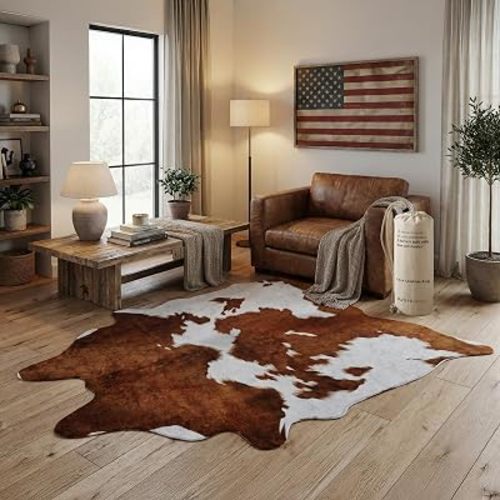 NativeSkins Faux Cowhide Rug – Brown and White (Large) | 4'7" x 6'7" | Triple-Layer Support | Ultra-Soft Pile | Hand-Cut, Faux Suede No-Slip Backing | Western Rug | Cow Hide Animal Print