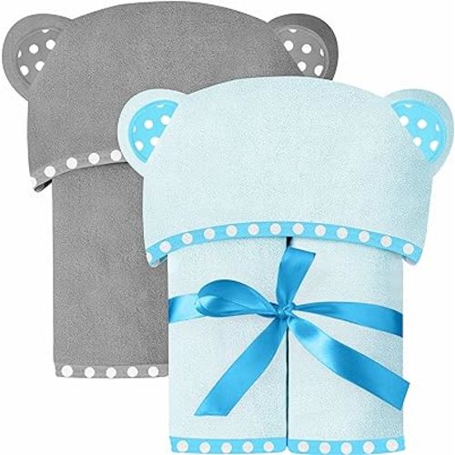 Set of 2 Hooded Baby Towels – Blue and Grey – Luxurious, Large and Super Absorbent – 30 x 30 Inch – Soft and Suitable for Infants, Toddlers and Kids – 400 GSM