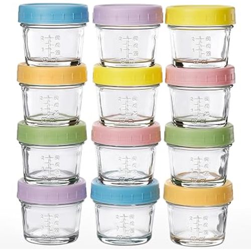 DIMBRAH Baby Food Storage Containers -12pcs, 4oz Reusable Glass Baby Food Jars with Lids–Suitable for Baby and Toddler Foods、Fruit and Vegetable Purees