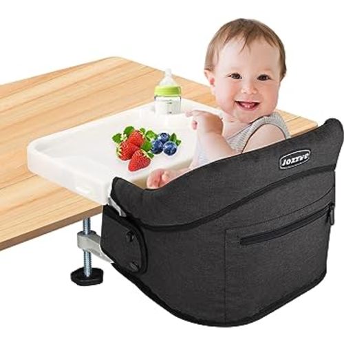Hook On High Chair, Jozzve Clip on High Chair with Removable Dining Tray for Babies and Toddlers, Fold-Flat Storage Portable Baby Feeding Seat, Attach to Fast Table Chair for Home Travel (Black)