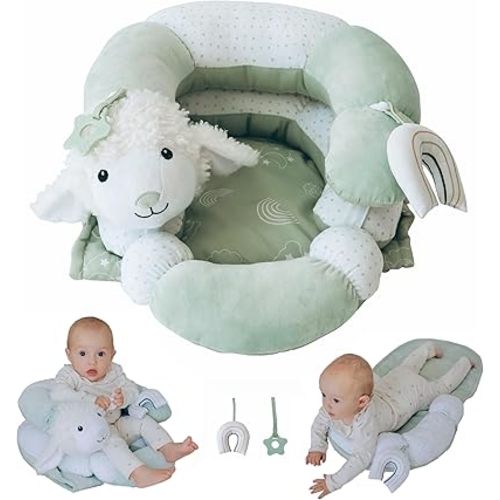 2 in 1 Tummy Time Mat and Seated Support Pillows - Newborns and Older Babies, Detachable Support Pillow and Two Toys, for Development of Strong Head and Neck (Sage)