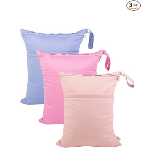 babygoal Wet Dry Bags for Baby Cloth Diapers, Washable Travel Bags, Beach, Pool, Gym Bag for Swimsuits & Wet Clothes with 2 Pockets 3 Pack 3LN09
