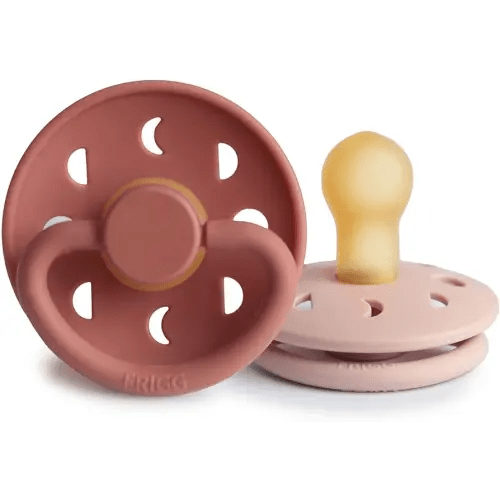 FRIGG Moon Natural Rubber Baby Pacifier | Made in Denmark | BPA-Free (Blush/Powder Blush, 0-6 Months) 2-Pack