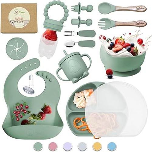 O'doe 17-Piece BPA-Free Silicone Baby Feeding Set | Thick & Soft Suction Plates, Baby Bowls, Wooden Fork & Spoon, and More | Make Mealtime Fun and Easy for Your Little One (Green, V2)