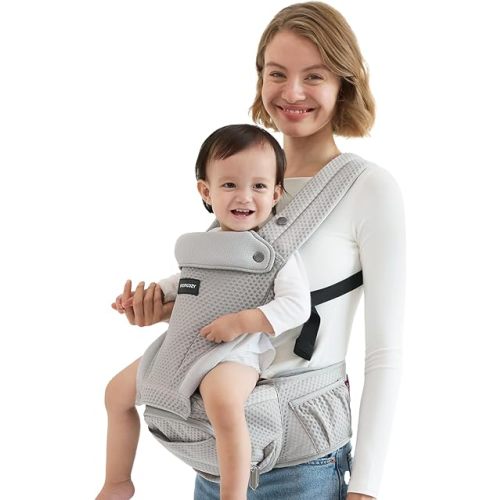 Momcozy Baby Carrier with Hip Seat, 2-in-1 Detachable Infant Hip Seat Carrier for Toddlers up to 44lbs. Breathable for Hands-Free Carrying. Fits Waist Sizes up to 47 Inches for Mom & Dad, AirMesh Grey