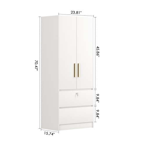 Nathaniel Home Freestanding Wardrobe Cabinet, 2-Door Armoire with 2 Drawers, Wardrobe Closet Organizer with Hanging Rod, Bedroom Armoire Wardrobe Closet White
