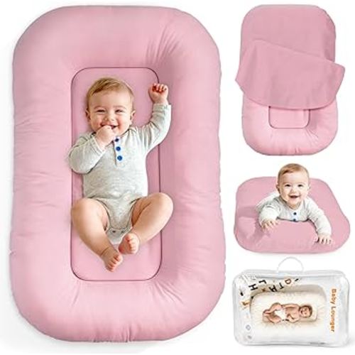 Baby Lounger & Nest for Newborn 0-24 Months, Baby Nest Supervised Breathable Cotton for Newborn, Newborn Essentials Gifts, Breathable Portable Infant Lounnger for Travel and Home(Pink)