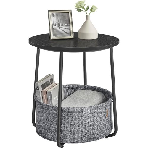 VASAGLE Small Round Side End Table, Modern Nightstand with Fabric Basket, Ebony Black and Slate Gray ULET223B01