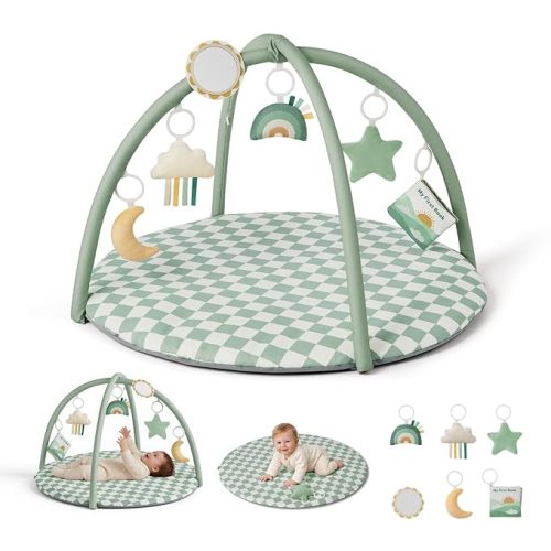 Blissful Diary Baby Play Gym Mat, Play Mat Activity Mat with 6 Detachable Toys for Stage-Based Sensory & Motor Skill Development, Easy to Install & Clean, Baby Essentials Gift, Sage Green