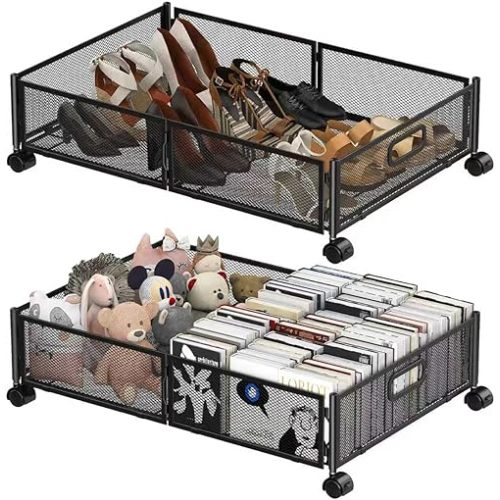 Under Bed Storage Containers,2 Pack Foldable Underbed Storage Containers with Handles and Wheels,Folding Bed Shoes Clothes Organizer,Easy Assembly Underbed Storage for Toy ,Bedding,Bedroom(Black)