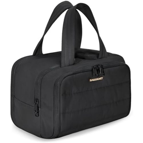 BAGSMART Travel Toiletry Bag, Lightweight Large Wide-open Travel Bag for Women, Puffy Cosmetic Makeup Bag Organizer with Handle for Accessories,Essentials, Toiletries, Black