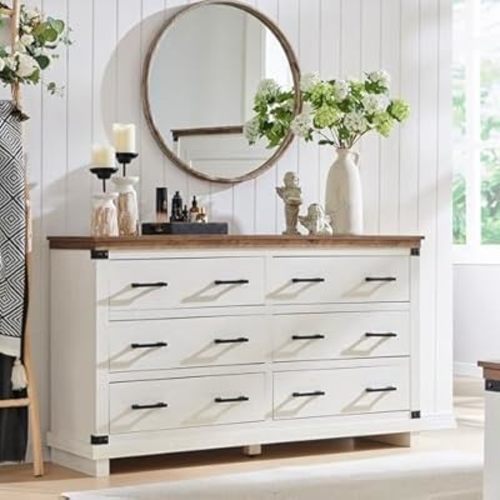 T4TREAM Farmhouse 6 Drawers Dresser for Bedroom, 54" Wide Wood Chest of Drawers w/Natural Texture & Metal Handle, Rustic Storage Dressers Organizer for Living Room, Hallway, Antique White