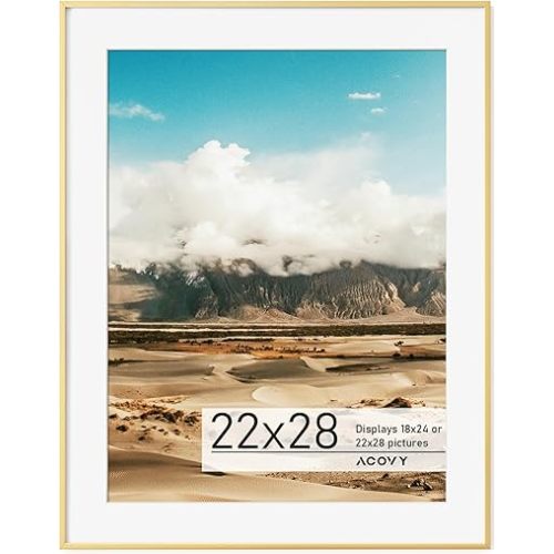 22x28 Poster Frame - Gold, Premium Aluminum Frame with Mat for 18x24, HD Tempered Glass, Metal Photo Frame for Wall Display (Pack of 1)