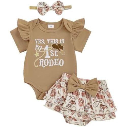 Newborn Baby Girl Western Outfit My First Rodeo Short Sleeve Ruffle Romper Skirt Headband Set Summer Clothes