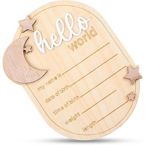 Baby Name Announcement Sign 6.3 Inch Wooden Hello World Newborn Welcome Sign Moon And Stars Baby Welcome Sign Babys Birth Announcement Sign Name Plaque for Photo Props Hospital Nursery