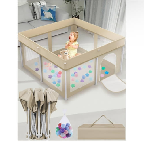 Foldable Playpen 50x50, Foldable Ultra-Portable Baby Playpen, Instantly Deployed in Three Seconds, Safe Baby Playard with Soft Breathable Mesh, Perfect Activity Center for Baby's Play, Beige