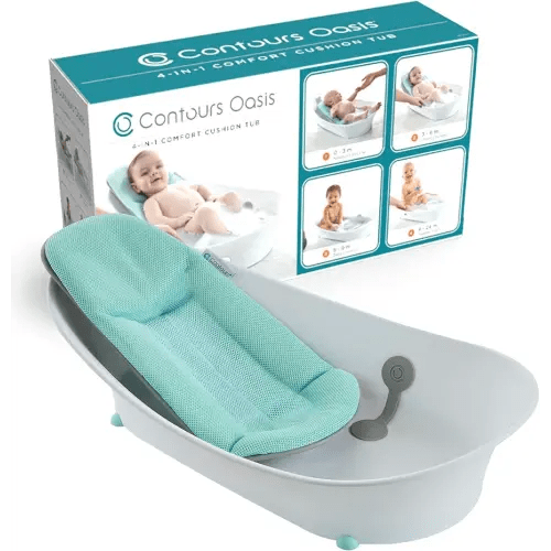 Contours Oasis 4 in 1 Comfort Cushion Baby Bathtub, Portable Infant Bath Seat, Supportive for Newborns and Toddlers 0-24 Months, Grow with Me Design, Quick Dry Mesh Pad, Easy to Clean, Blue/White