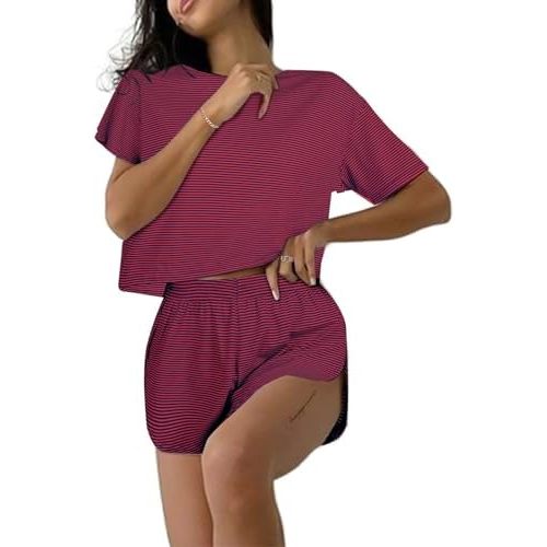 Remidoo Women's Striped Tee Shirts and Shorts Pajamas Set Side Slit Crewneck Loungewear