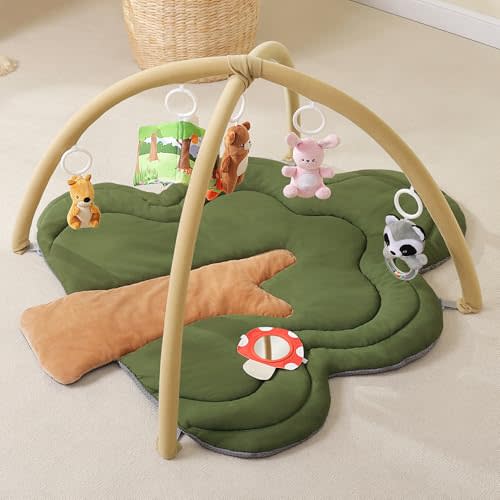 PIIKAGO Baby Play Gym Mat, Tree-Shaped Tummy Time Mat with 6 Detachable Toys, Woodland Thick & Plush Play Mat for Babies 0-6 Months, Baby Activity Mat, Newborn Infant Baby Essentials Gift