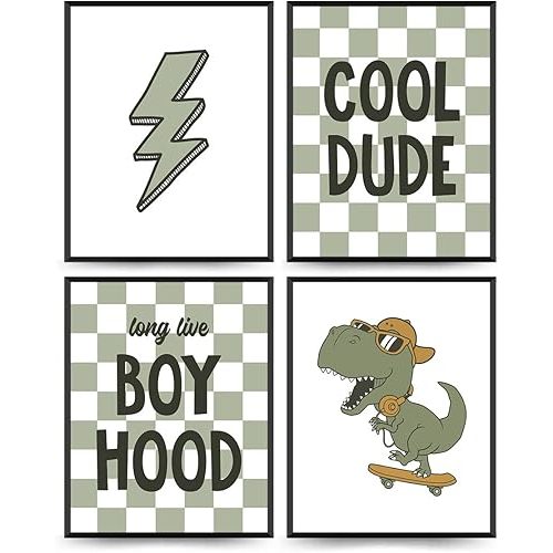 PLKMN Dinosaur Room Decor for Boys,Long Live Boyhood Wall Art Prints,Preppy Posters,Lightning Sign Poster Prints for Boys Teen Bedroom Playroom Dorm Decor 8x10 Inch Set of 4 Unframed