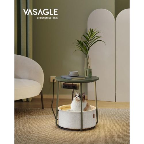 Round LED Side Table with USB Ports & Power Outlets, Fabric Storage Basket, Modern Nightstand for Home Decor, Matte White