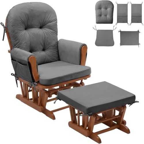 5 PCS Glider Rocker Replacement Cushions - Soft Velvet Glider Rocker Cushions with Storage Side Pocket & Ties, Foam & Microfiber Filling, Non-Slip & Washable Cushions for Glider Rocking Chair, Grey