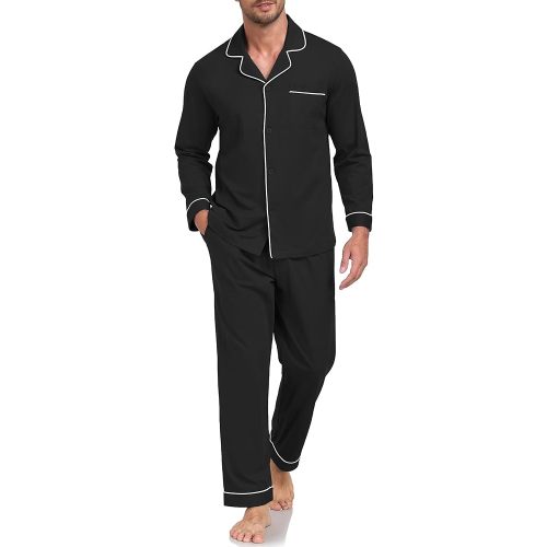 COLORFULLEAF Men's 100% Cotton Pajama Sets Cozy Soft Breathable Long Sleeve Mens Cotton Sleepwear With Pockets