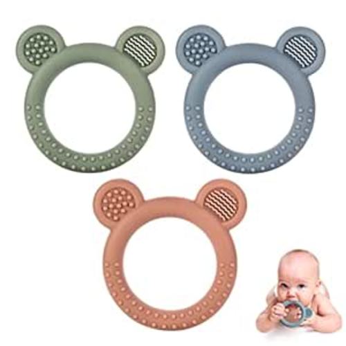 Baby Teething Toys for Babies 0-6 Months Set of 3, Baby Toys 6 to 12 Months, BPA Free Soft and Textured Bear Ring Silicone Teether Relief Soothing Sore Gums Chew Infant Toys