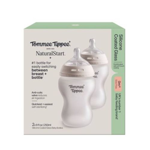 Tommee Tippee 9oz Natural Start Silicone Coated Glass Baby Bottles Slow Flow Nipple 0m+ - Clear - 2pk