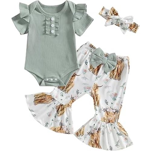 Baby Girl Bell Bottom Outfit Infant Newborn Western Summer Clothes Short Sleeve Ruffle Romper Tops Flare Pant Set