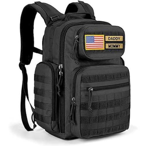 MIRACOL Military Diaper Bag for Dad - Insulated Baby Backpack with Patches for Outdoor Travel Trips - Daddy Diaper Backpack for Baby Shower Gifts Black