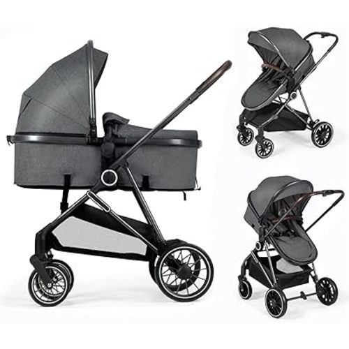 ANNA QUEEN 2 in 1 Baby Stroller,Folding High Landscape Infant Carriage,Convertible Bassinet Pushchair with Adjustable Canopy for Infants and Newborns 0-36 Months(Black)