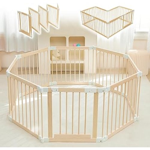Baby Playpen, Playpen for Babies and Toddlers, Foldable Wooden Play Yard with Gate, Adjustable Baby Activity Center with Child Proof Lock, Fence Play Area for Toddlers 1-3(56 * 56 * 24inches)