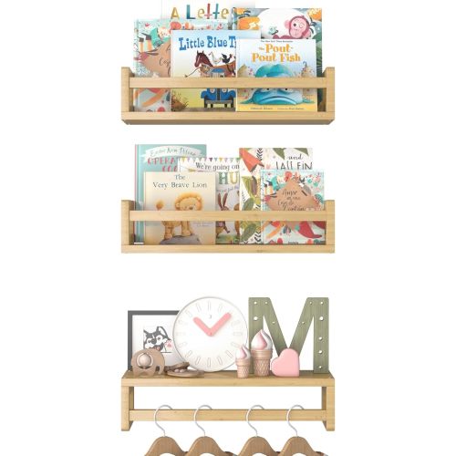 Floating Nursery Book Shelves for Wall, 15.7 Inch Nature Solid Wood Wall Mounted Bookshelf Set of 3, Hanging Bookshelves for Kids Room, Bedroom Nursery Decor and Book Storage (Wood)