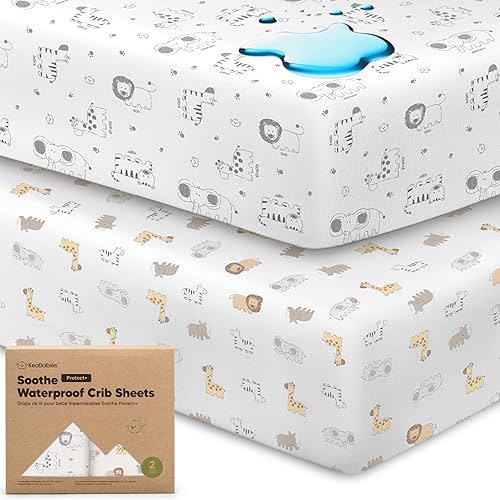 2-Pack Waterproof Crib Sheets for Girl, Boy - Organic Cotton 52X28 Fitted Crib Sheets Neutral,Crib Mattress Protector Sheets,Soft Toddler Bed Sheets,Washable Infant Fitted Baby Crib Sheets (KeaSafari)