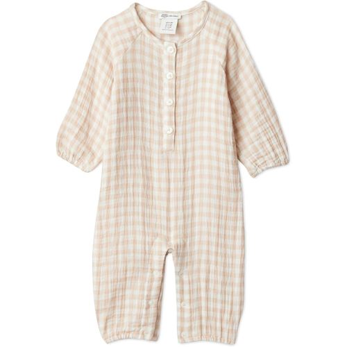 Amazon Essentials x Sofia Grainge Unisex Babies' Cotton Gauze Long Sleeve Romper-gingham 12 mos