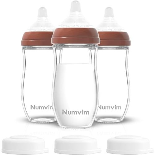 Natural Glass Baby Bottles Set, Gentle Medium Flow, Anti Colic Bottles for 3 + Months Breastfed Babies, 3 Packs (Brown, 8oz)