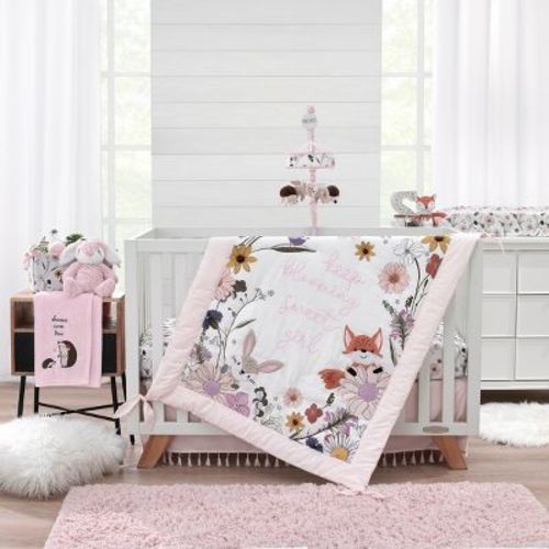 Nojo Keep Blooming Pink, White, Purple And Gold, Flowers, Fox, Bunny And Birds "keep Blooming Sweet Girl" 4 Piece Nursery Crib Bedding Set