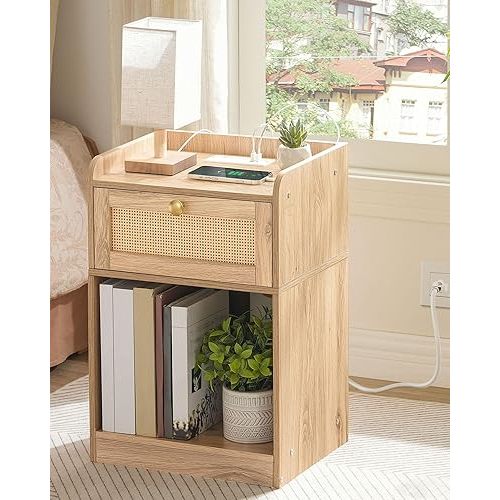 Nightstand with Charging Station, Side Table with Rattan-Style Drawer and Storage Shelf, Modern Rattan Night Stand with 2 USB Ports, Boho End Table Bedside Table for Bedroom, Natural MBZ01UWO