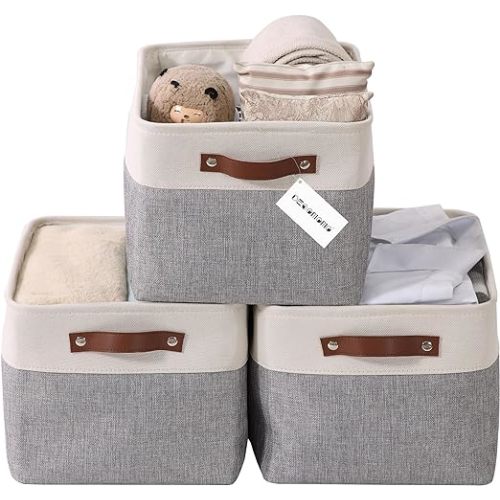 DECOMOMO Storage Bins | Fabric Storage Baskets for Shelves for Organizing Closet Shelf Nursery Toy | Decorative Large Linen Closet Organizer Bins with Handles (Grey and White, Large - 3 Pack) - Large/3P - 15"x11"x9.5"