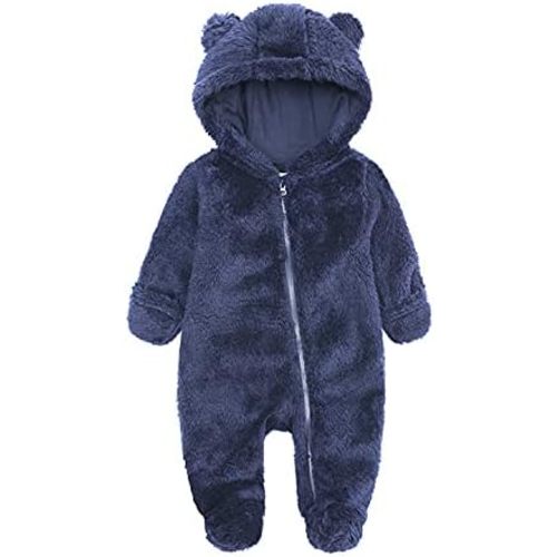 Alunsito Infant Baby Fleece Jumpsuits Newborn Plush Bear Ear Sleepwear Hooded Romper Zipper Long Sleeve Bodysuit Footies