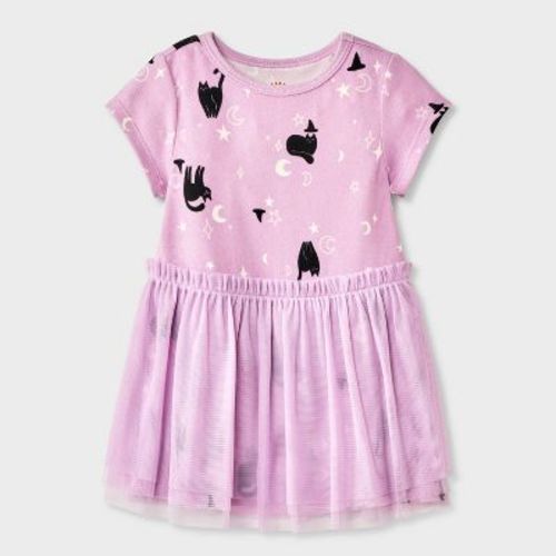 Baby Girls' Halloween Cat Witch Short Sleeve Tulle Dress - Cat & Jack™ Purple Newborn